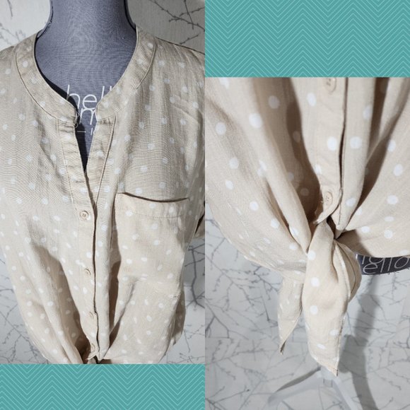 Tahari Beige Polkadot Printed Tie Front Blouse - Picture 2 of 5